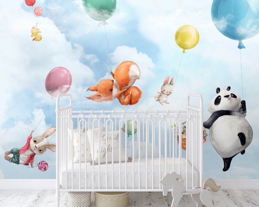 Cute Flying Panda & Animals Kids Nursery Wallpaper Mural