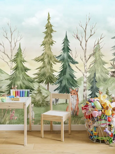 Kinder Aquarell Kiefernwald mit Tieren Fototapete