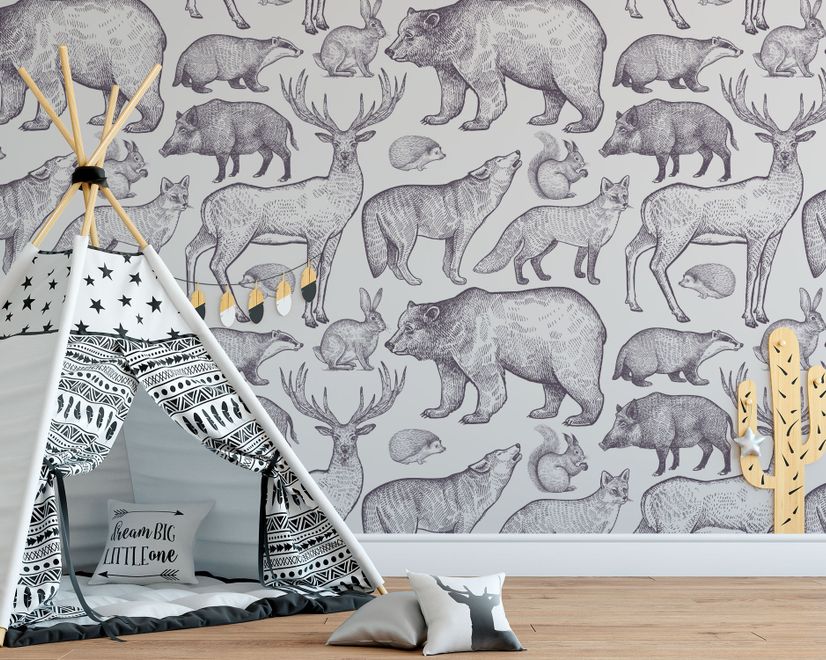 Nordic Animal Drawing for Kids Wallpaper Mural