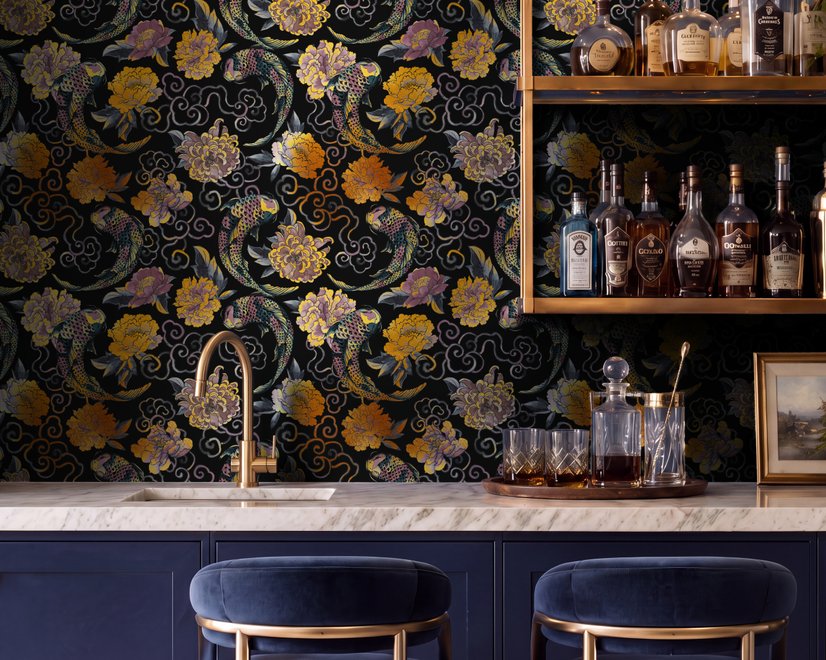 Japanese art wallpaper pattern with koi fish, gold peonies, mauve flowers and grey clouds on black