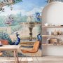 Papier peint panoramique jardin peint avec fontaine, paon et colonne romaine