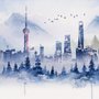 Aquarell-Wolkenkratzer-Landschaft Fototapete