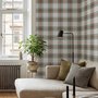 Sage green and cream-white tartan plaid wallpaper with deep red stripes and woven thread texture