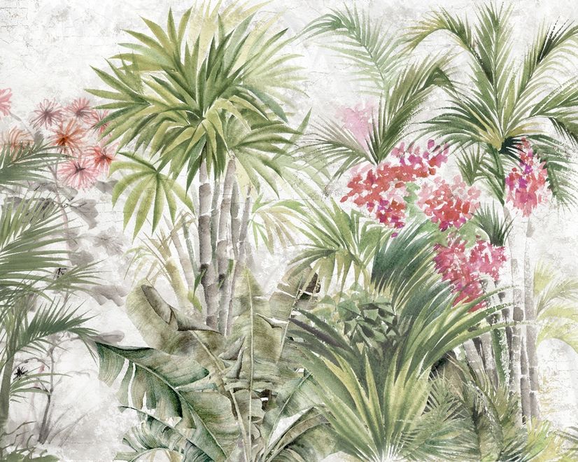 Aquarell Tropenblätter und Blumen Fototapete