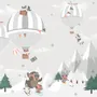 Cute Animals Playing Skate on the Snowy Mountain with Hot Air Balloon Wallpaper Mural