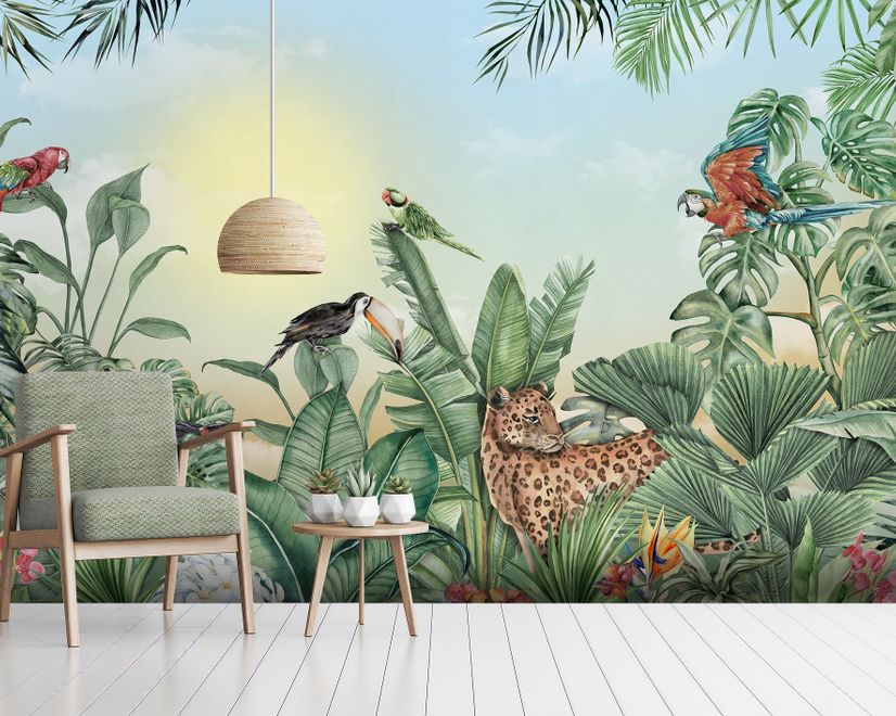 Leopard and Colorful Parrot in the Tropical Forest Wallpaper Mural
