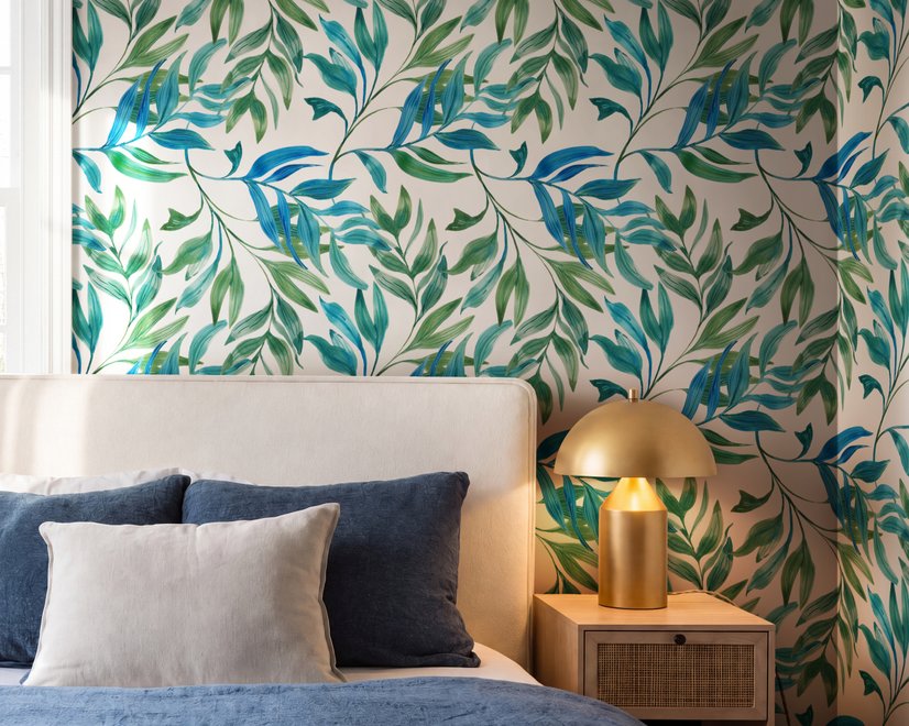 Dark olive green wallpaper with teal and cobalt watercolour lance leaves on a white ground