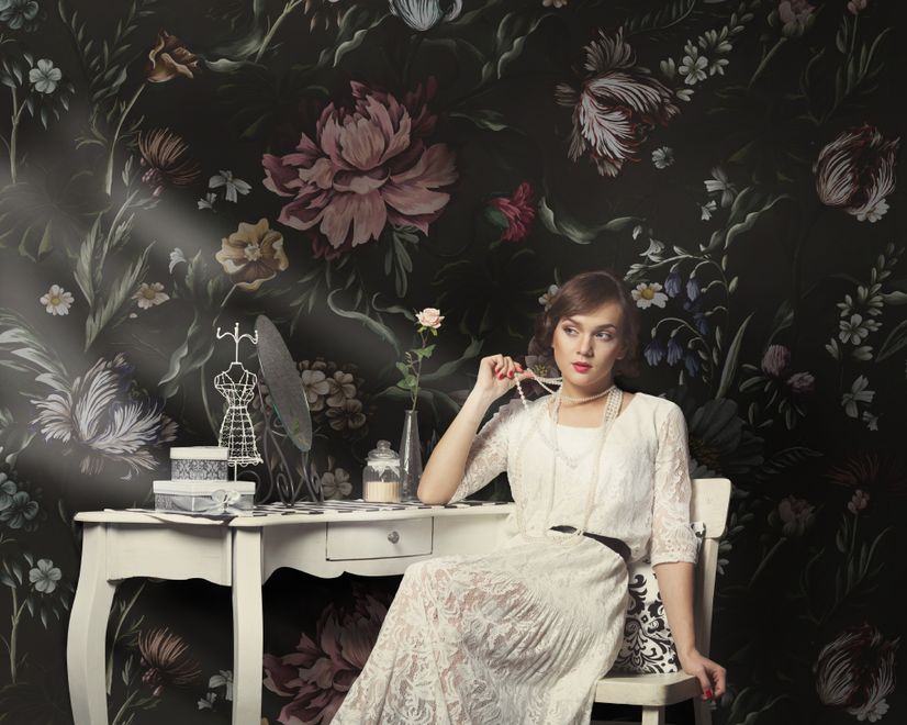 Dutch Flower Peony with Tulips Dark Floral Wallpaper Mural