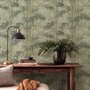 Light green and blue wallpaper with painted sage bamboo canes, olive leaves and pale celadon foliage ground
