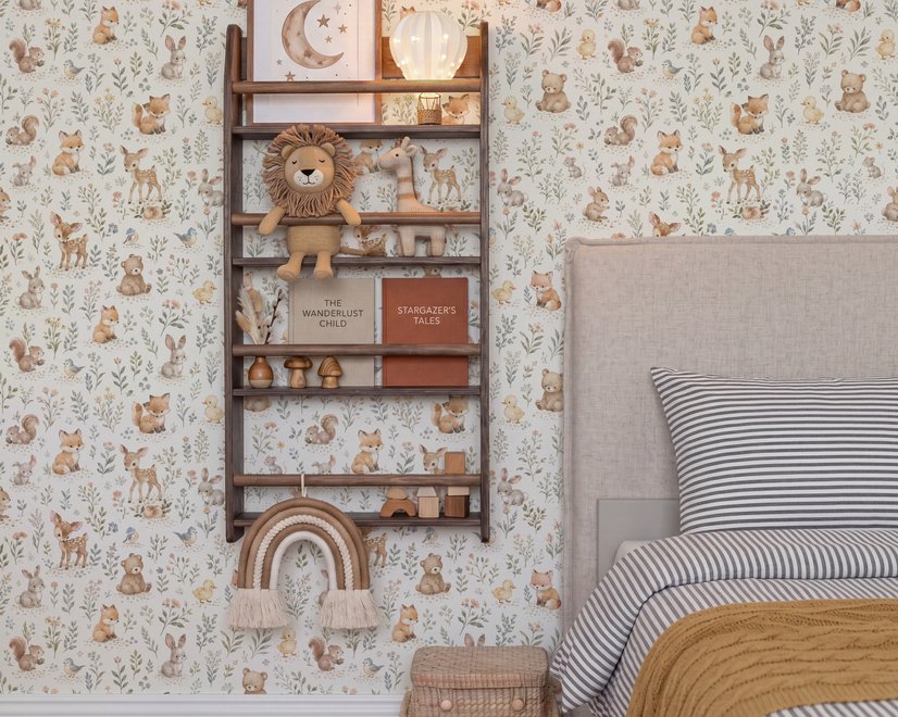 Woodland nursery wallpaper pattern with watercolour fawns, fox cubs, rabbits, teddy bears, birds and ducklings on cream