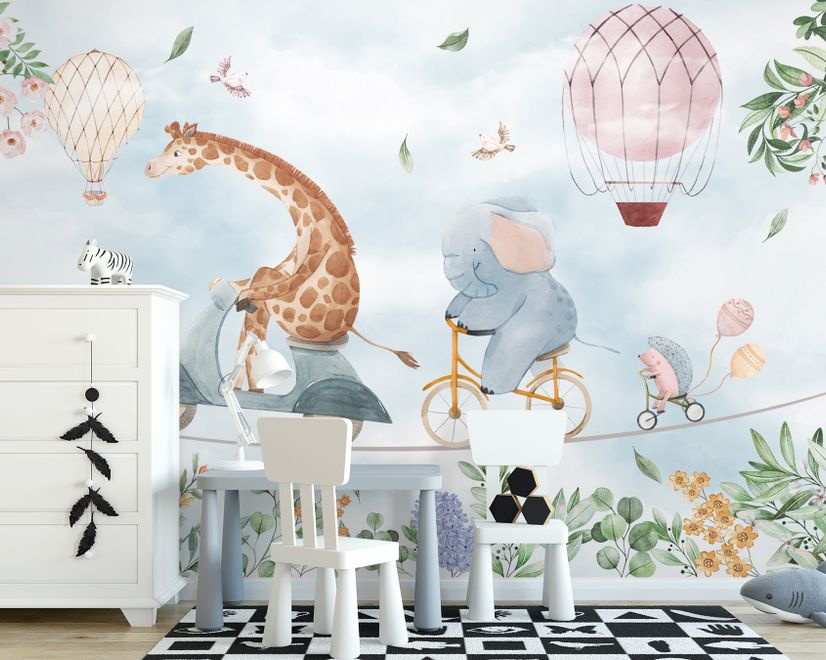 Kids Cycling Riding Cute Animals Wallpaper Mural