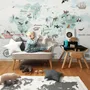 Kids Blue World Map with Cute Animals with Flying Rabbit Wallpaper Mural