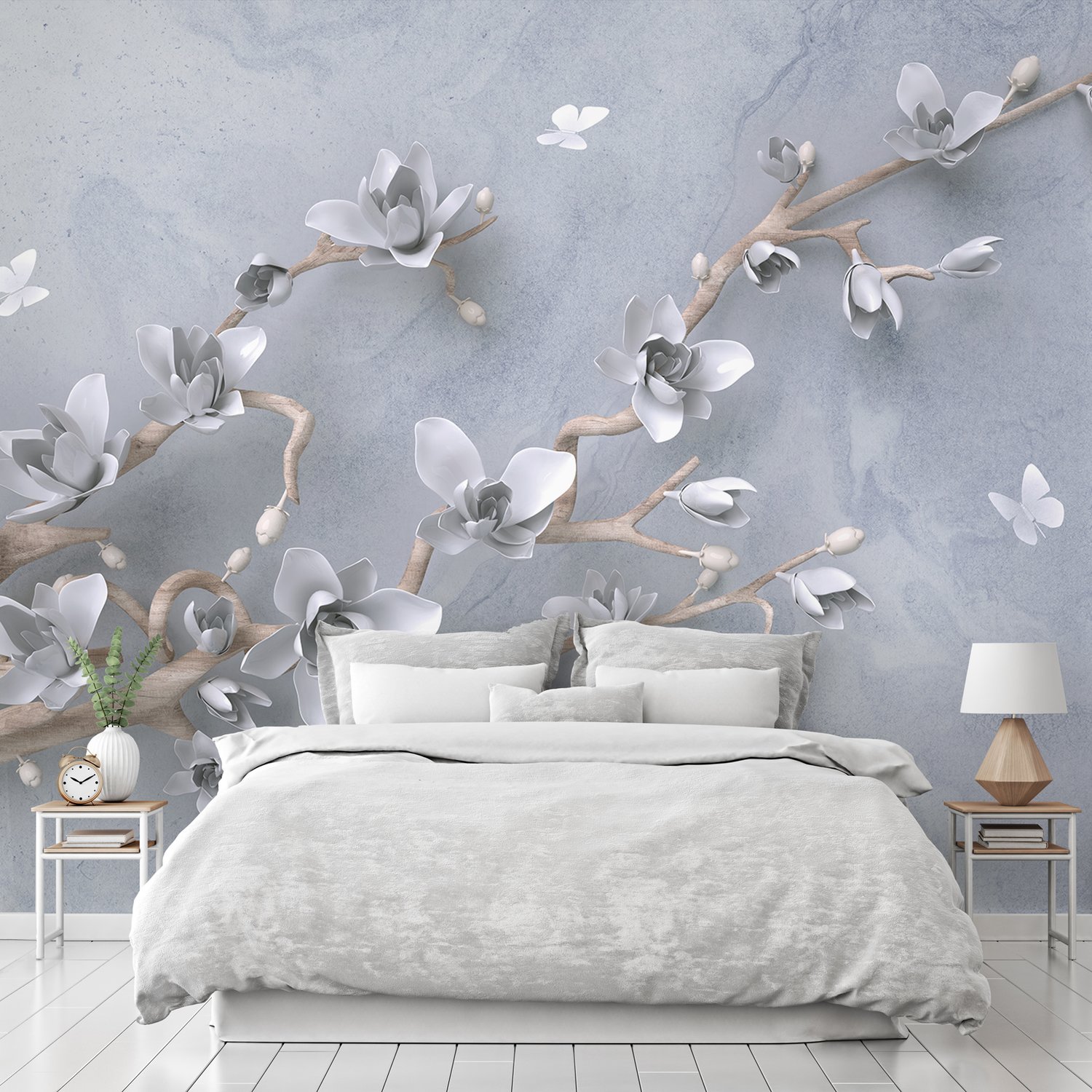 Artistic Magnolia Flowers and Branches Wallpaper Mural - Peel and Stick