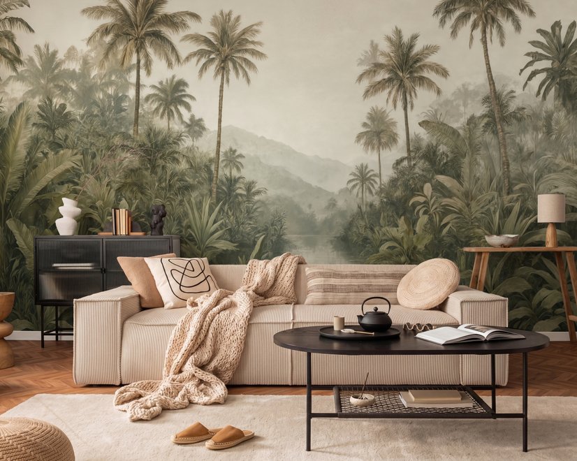 Misty tropical forest wallpaper with palms, pale river and hazy hills in muted green sepia