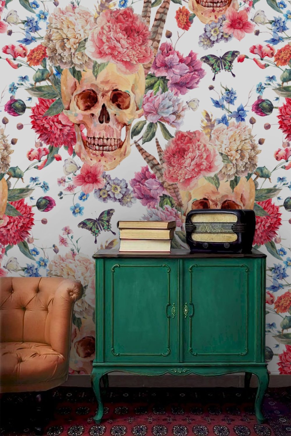 Skull with Flowers Wallpaper Mural - Peel and Stick