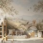 Watercolour woodland wall mural with fawn, rabbits, stone bridge, stream and distant cypress countryside