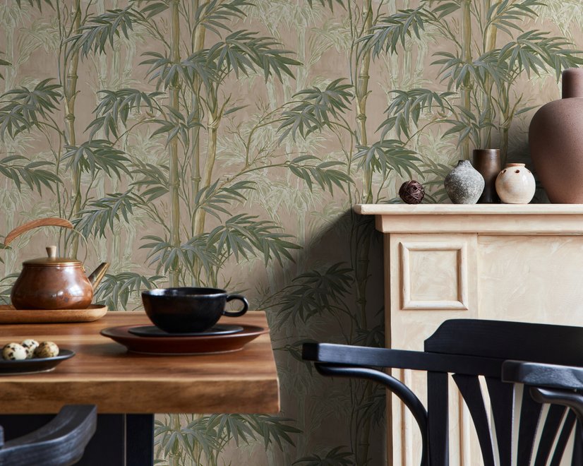 Vintage bamboo wallpaper with sage and smoky blue-green leaves on a warm taupe ground