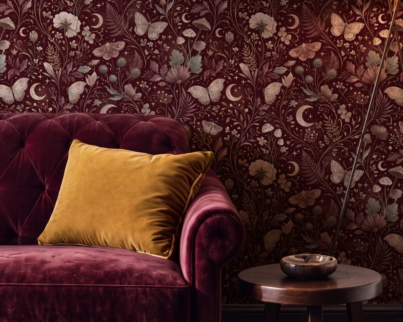 Pink butterflies wallpaper on a claret ground with cream flowers, moons, stars and spotted mushrooms.