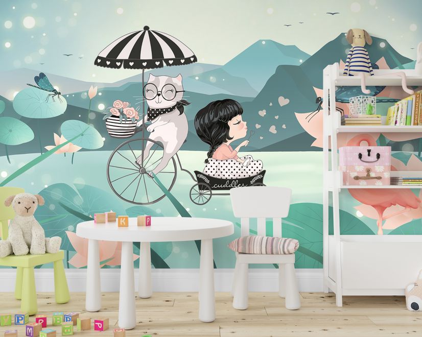 Süßes kleines Mädchen mit Katze und rosa Lotus Cartoon Fototapete für Mädchenzimmer