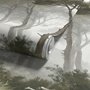 Forest in fog wallpaper with tall pine trees, grey mist, shrubs and a spiky palm in watercolour.