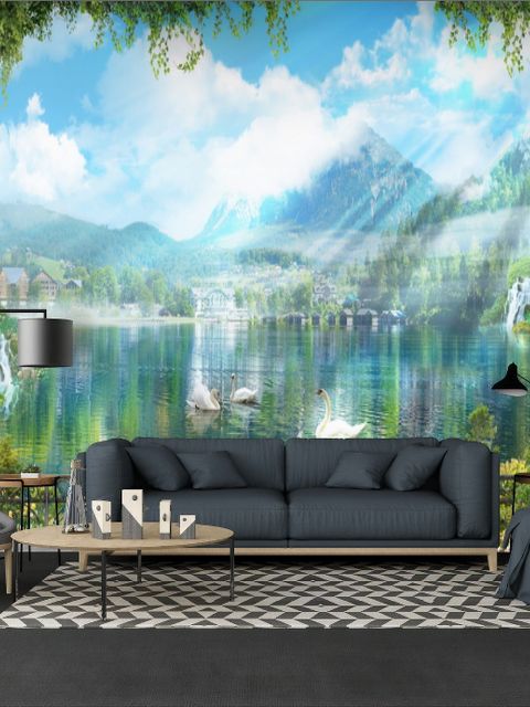 Fototapete Wasserfall und weiße Schwäne mit Gartenblumen Landschaft