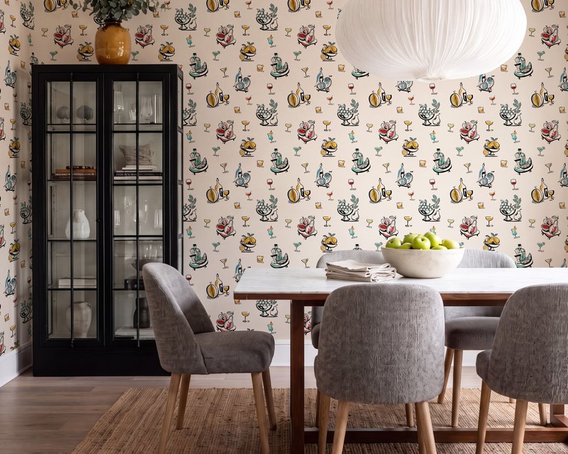 Bar area wallpaper with hand drawn cocktails, liquor bottles, citrus and fruit bowls on warm cream