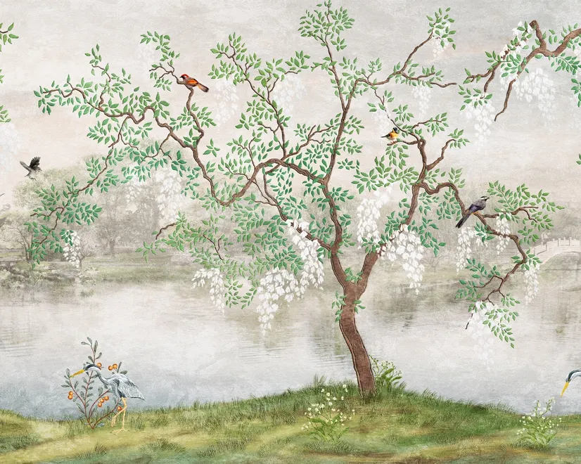 Papier peint panoramique du paysage du lac Misty et du jardin japonais
