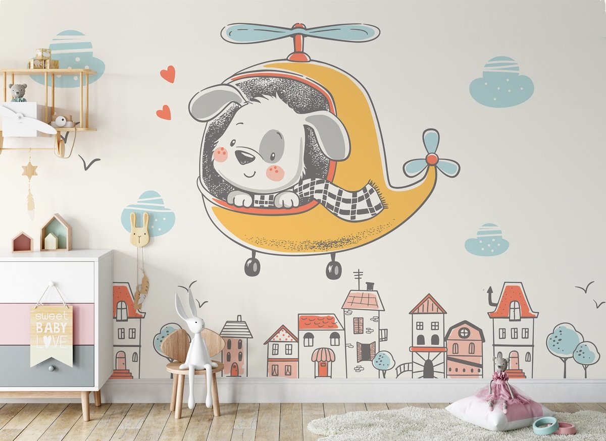 Cute Puppy in Helicopter Wallpaper Mural - Peel and Stick
