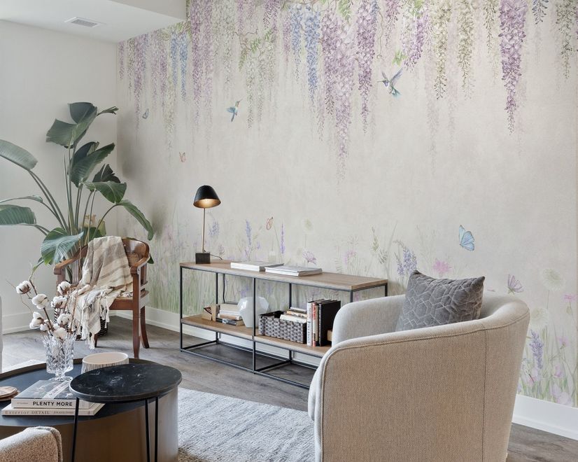 Fototapete mit Aquarell Hängende Wisteria Blumen und Kolibris