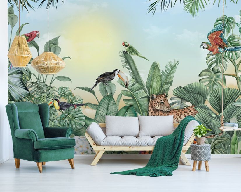 Leopard and Colorful Parrot in the Tropical Forest Wallpaper Mural