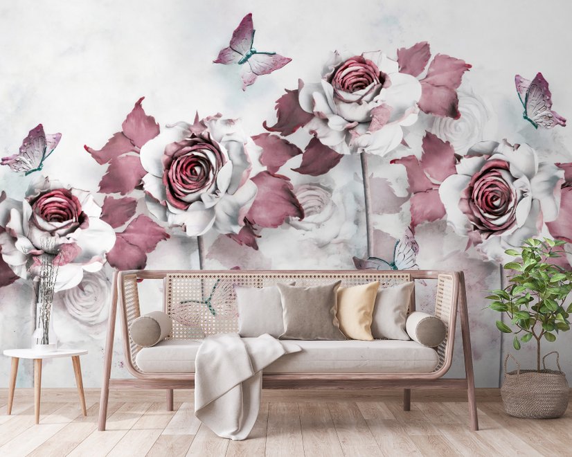 3D-Look Blumen mit kleinem Schmetterling Fototapete
