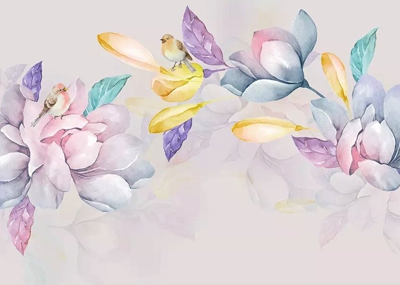 Colorful Magnolia Flowers and Birds Wallpaper Mural