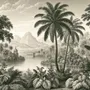 Sepia tropical landscape wallpaper with palms, banana plants, lagoon, bridge and mountains