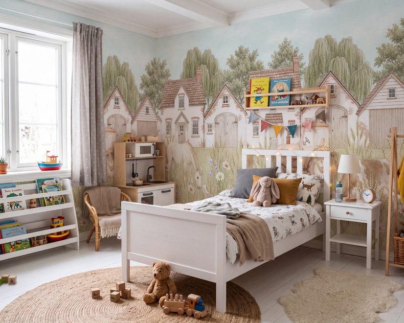 Watercolour farmhouse animal wall mural with cottages, horse, cow, tractor and wheat meadow
