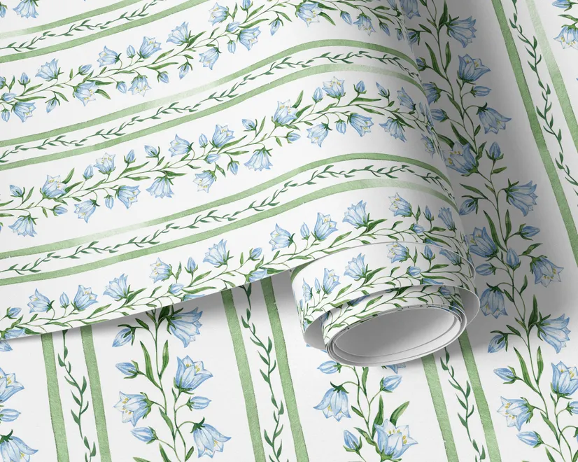 Blue floral stripe wallpaper with pale sky-blue bell flowers, green vines and sage bands on white