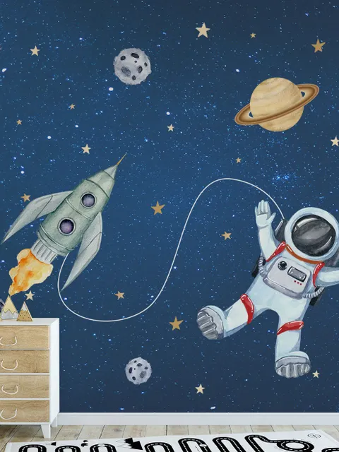 Kinder Aquarell Weltraum mit Raumschiff und Astronaut Fototapete