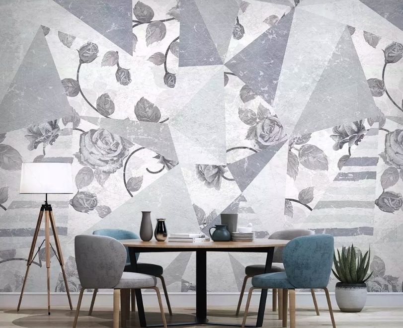 Rose Floral with Geometric Pattern Wallpaper Mural
