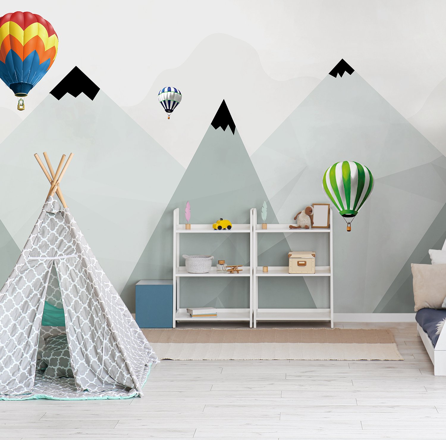 Kids Mountains Hot Air Balloon Wallpaper Mural - Peel and Stick