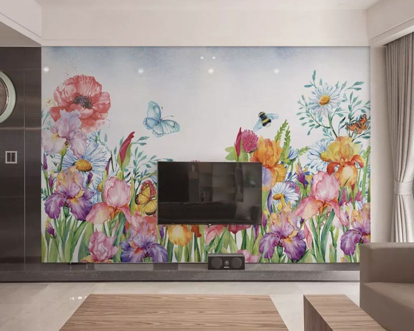 Papier peint panoramique jardin aquarelle fleuri