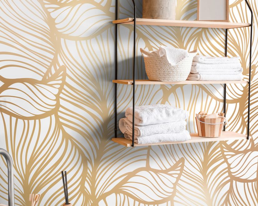 Golden Look Stylish Leaf  Line Art Wallpaper Mural