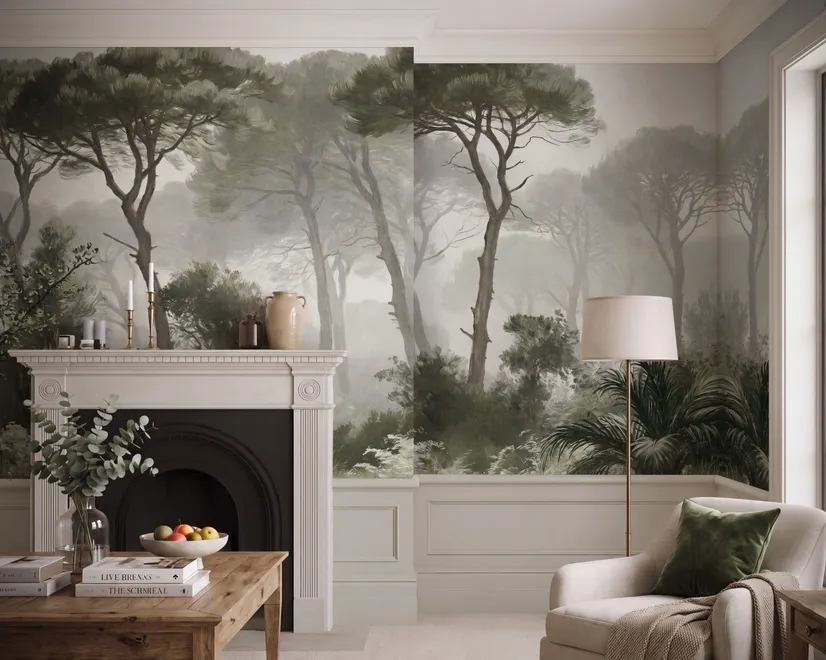 Forest in fog wallpaper with tall pine trees, grey mist, shrubs and a spiky palm in watercolour.