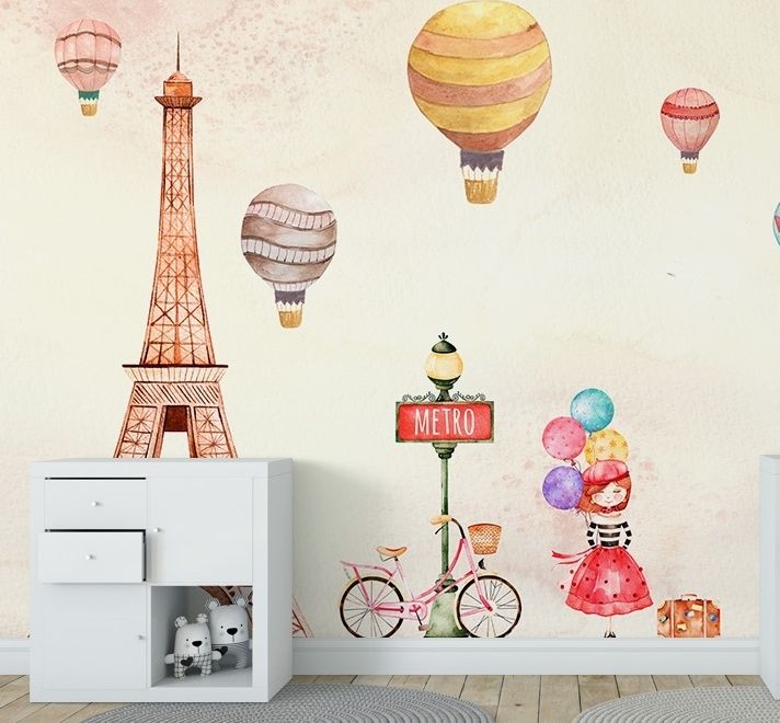 Eiffel Tower and Little Hot Air Balloon Wallpaper Mural