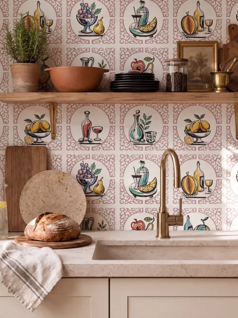 Bar wallpaper with cream tile grid, dusty rose arches, illustrated wine bottles, fruit and café still lifes