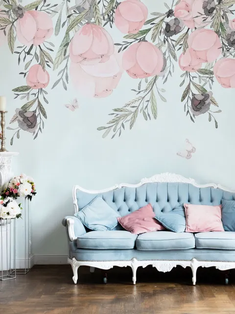 Vintage Fototapete mit rosa Weinblumen