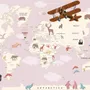 For Kids Pink World Map with Vintage Aircraft and Hot Air Balloon Wallpaper Mural