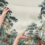 Vintage forest wallpaper mural with blue-grey trees, ivory blossom, red plants and toadstools around a misty path