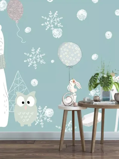 Cartoon Bear and Animal Friends with Snowflake Wallpaper Mural