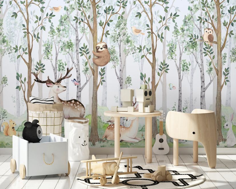 Nursery Cute Animals in the Forest Watercolor Kids Wallpaper Murals
