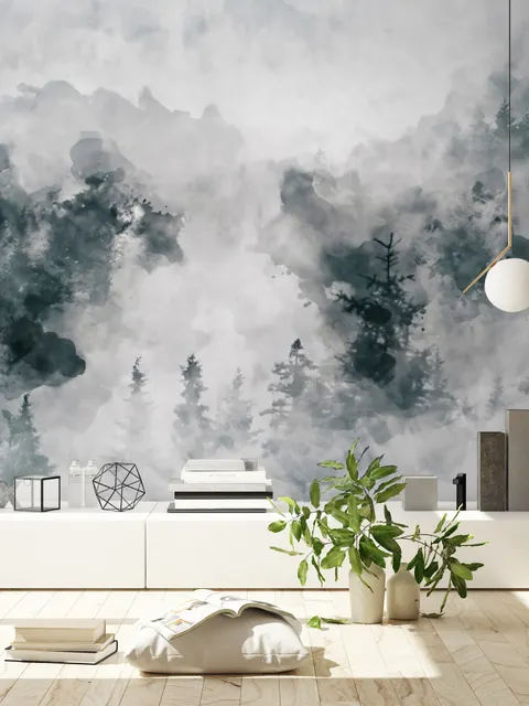Papier peint panoramique, style aquarelle, abstrait, brumeux et forêt sombre