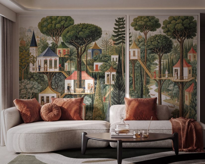 Architectural design wallpaper mural of forest treehouses, rivers, boats and small figures in green watercolour